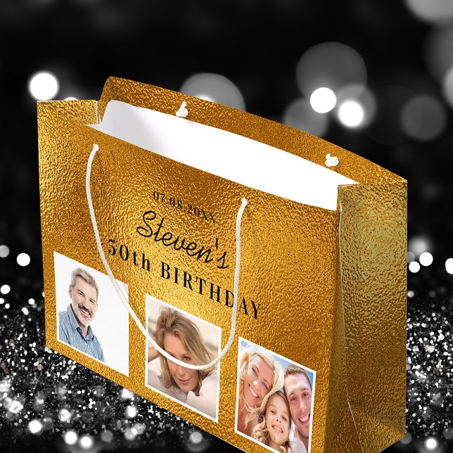 Birthday gold custom photo metal monogram large gift bag (Creator Uploaded)