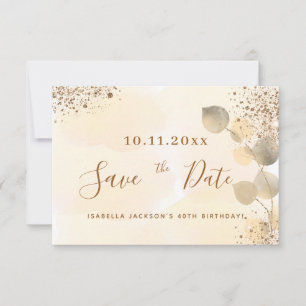 Birthday gold eucalyptus glitter save the date announcement