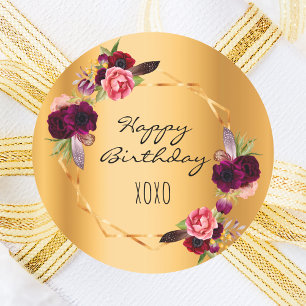 Birthday gold floral geometric burgundy classic round sticker