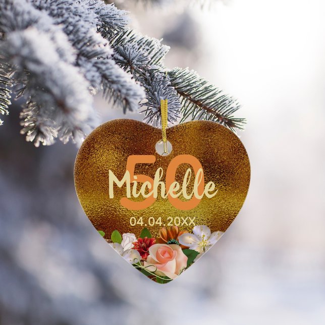 Birthday gold florals monogram name ceramic ornament (Creator Uploaded)