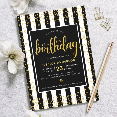 Birthday gold glitter script black white stripes invitation