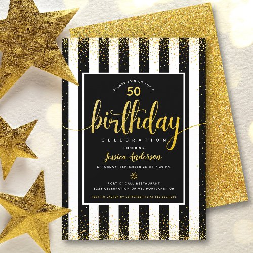 Birthday gold glitter script on black custom year invitation