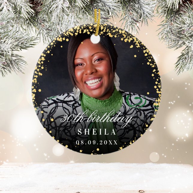 Birthday gold glitter sparkles photo name ceramic ornament (Creator Uploaded)