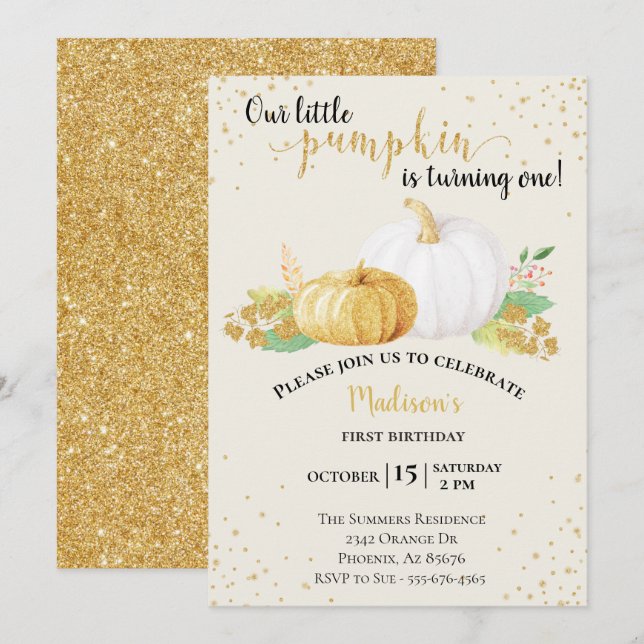 Birthday  Gold Glitter White Pumpkin Fall Autumn Invitation (Front/Back)
