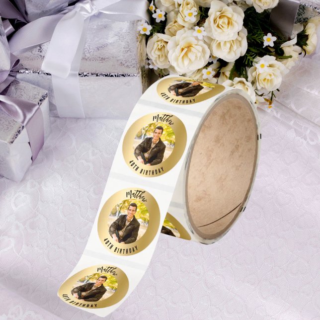 Birthday gold photo classic round sticker (Creator Uploaded)