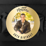 Birthday gold photo classic round sticker<br><div class="desc">A classic faux gold background. Personalize and add his name,  age and photo.</div>