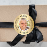 Birthday gold photo man myth legend classic round sticker<br><div class="desc">A faux gold looking background.   Text: The Man,  The Myth,  The Legend. Personalize and add his name,  age and photo.</div>