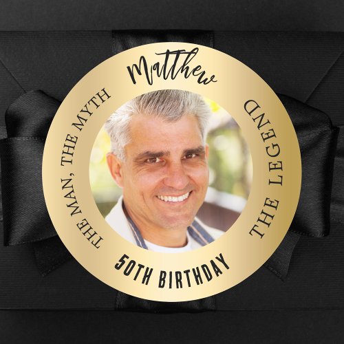 Birthday gold photo man myth legend classic round sticker