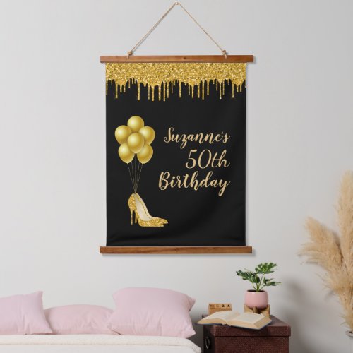 Birthday Gold Shoes Glitter look Drips Sign Hanging Tapestry