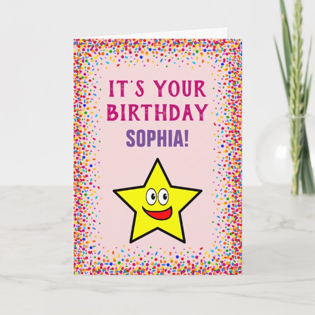 Birthday Gold Star Pink Colorful Confetti Card (Front)
