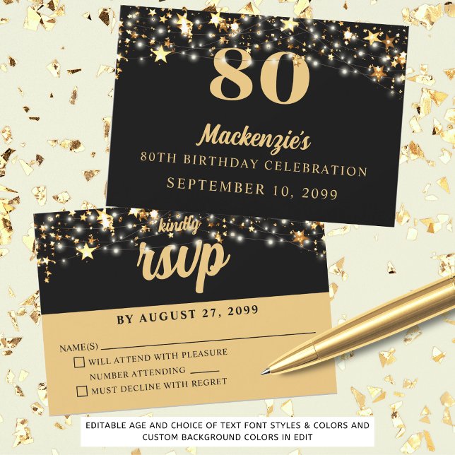 Birthday Gold Stars Any Age Custom Color RSVP Card (Creator Uploaded)