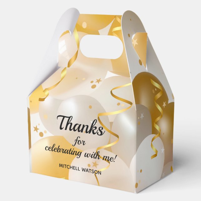 Birthday Gold White Balloons Large Gable Party Favor Boxes (Front)