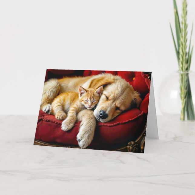 Birthday Golden Retriever and Gold Kitten Sleeping Card (Front)
