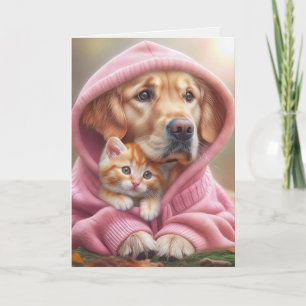 Birthday Golden Retriever and Kitten In a Hoodie Card