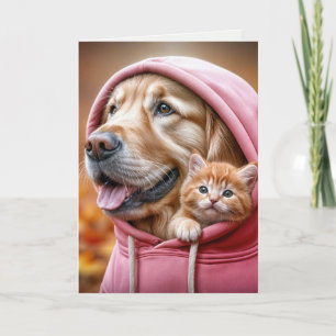 Birthday Golden Retriever and Kitten In a Hoodie Card