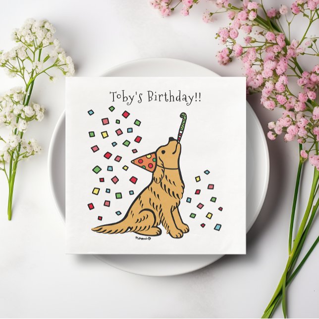 Birthday Golden Retriever Cartoon Paper Dinner Napkins (Birthday Golden Retriever Cartoon Paper Napkins for Birthday Party of Dog Lovers.  Delightful image.)
