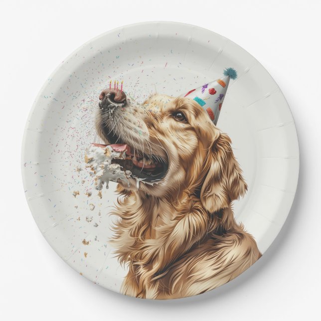 Birthday Golden Retriever Dog Paper Plates (Front)