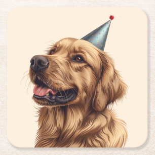 Birthday Golden Retriever Dog Square Paper Coaster