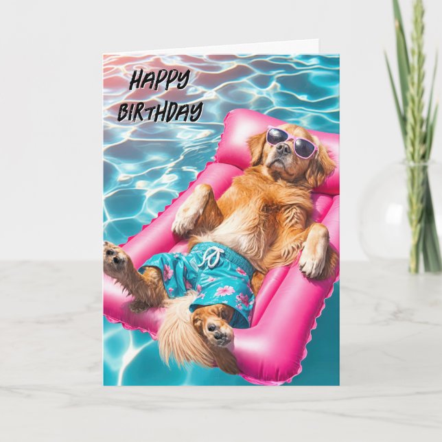 Birthday Golden Retriever Floating In Pool Card (Front)