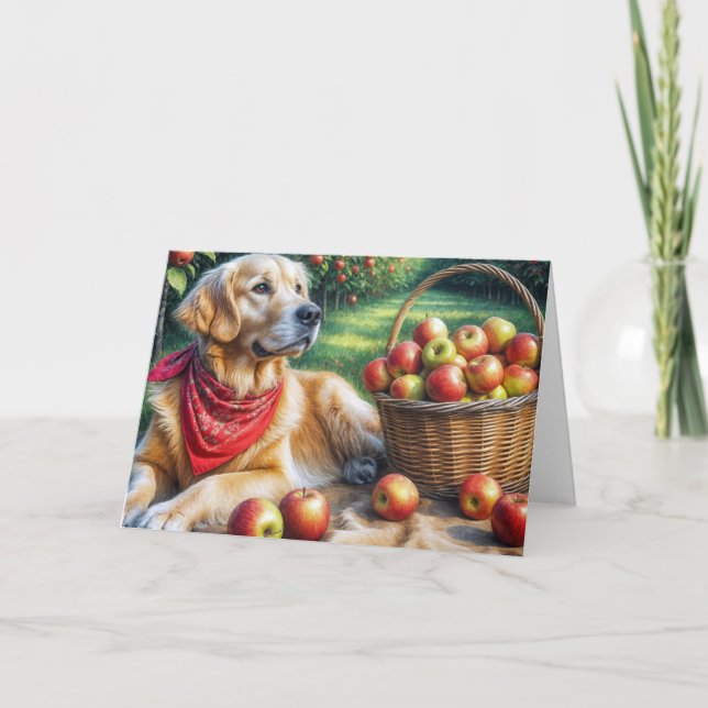 Birthday Golden Retriever in an Apple Orchard Card (Front)