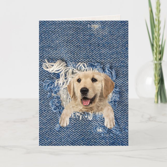 birthday golden retriever in blue denim hole card (Front)