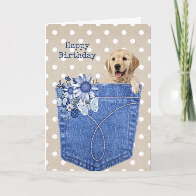 Birthday Golden Retriever In Jean Pocket Card (Front)