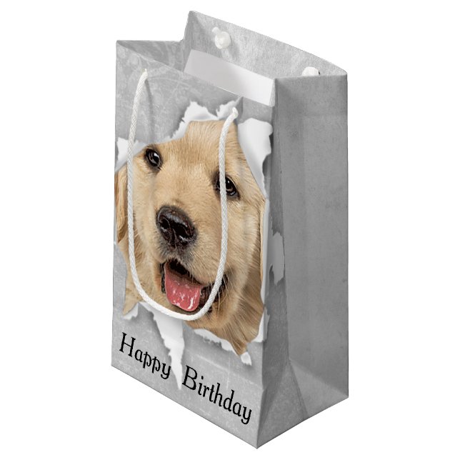 Birthday Golden Retriever In Paper Hole  Small Gift Bag (Front Angled)