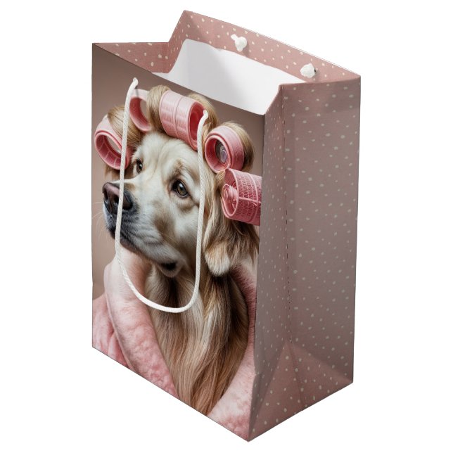 Birthday Golden Retriever In Pink Hair Curlers Medium Gift Bag (Front Angled)