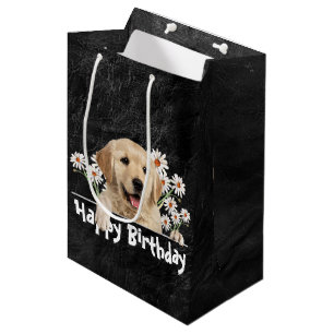 Birthday Golden Retriever On Black Leather Medium Gift Bag