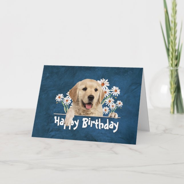 Birthday Golden Retriever on Blue Leather Card (Front)