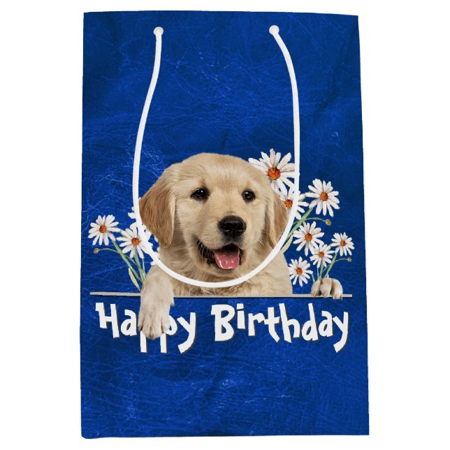 Birthday Golden Retriever On Blue Leather Medium Gift Bag (Front)