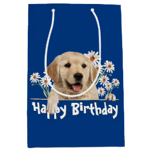 Birthday Golden Retriever On Blue Medium Gift Bag