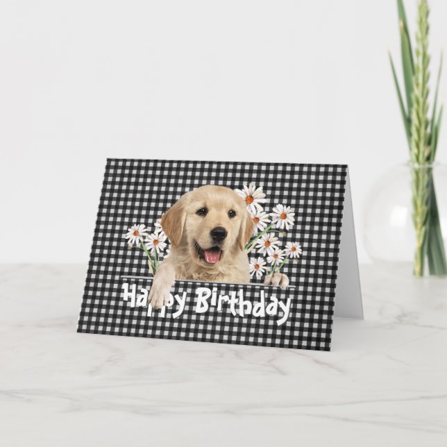 Birthday Golden Retriever on Gingham  Card (Front)