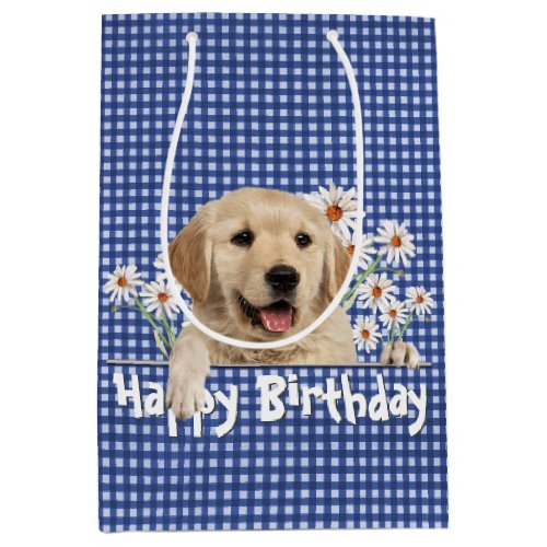 Birthday Golden Retriever On Gingham  Medium Gift Bag