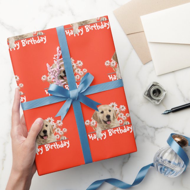 Birthday Golden Retriever on Orange Wrapping Paper (Gifting)