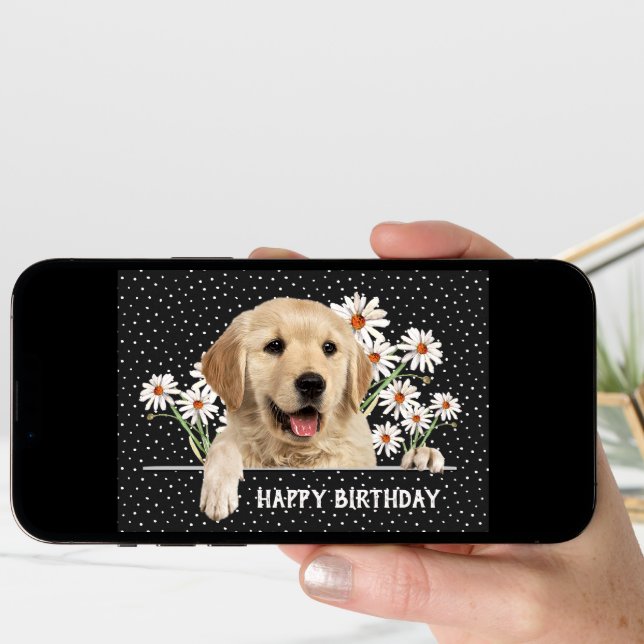Birthday Golden Retriever on Polka Dots  Card (Front Digital)