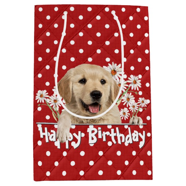Birthday Golden Retriever On Polka Dots  Medium Gift Bag (Front)