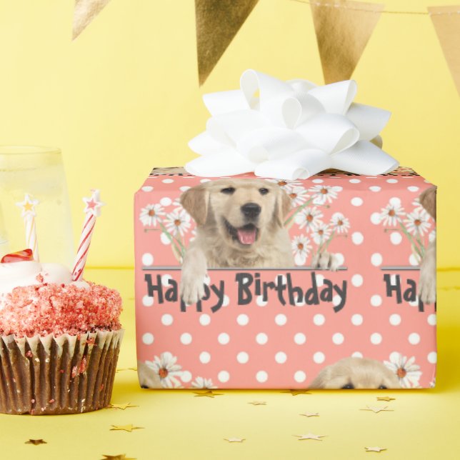 Birthday Golden Retriever on Polka Dots Wrapping Paper (Birthday Party)