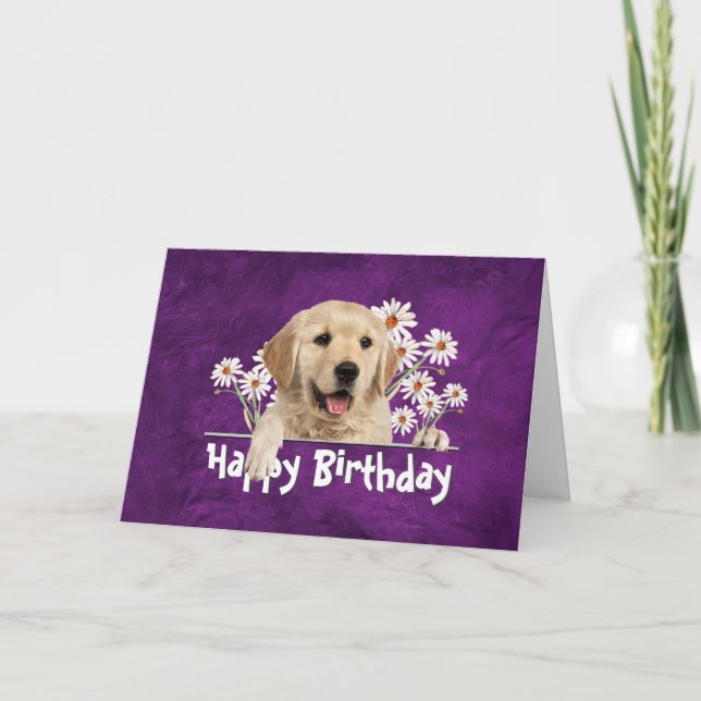 Birthday Golden Retriever on Purple Leather Card (Front)