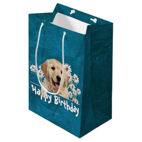 Birthday Golden Retriever On Teal Leather   Medium Gift Bag