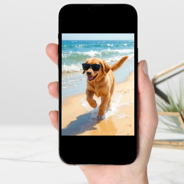 Birthday Golden Retriever Puppy Walking the Beach Card (Front Digital)