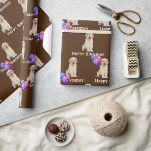 Birthday Golden Retriever Puppy With Balloons Wrapping Paper