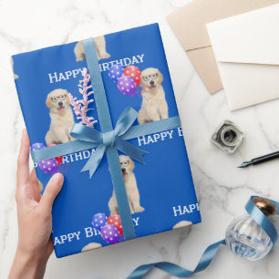 Birthday Golden Retriever Puppy With Balloons  Wrapping Paper