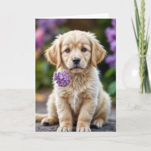 Birthday Golden Retriever Puppy With Lilacs Card