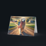 Birthday Golden Retriever With American Flag Card<br><div class="desc">Cute golden retriever dog carrying an American flag in its mouth walking down a dirt country road for Father's Day.
The inside text can be changed.</div>