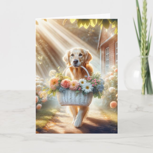 Birthday Golden Retriever With Flower Basket Card (Front)