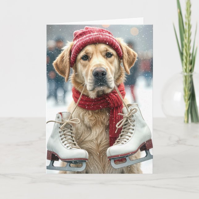 Birthday Golden Retriever With Ice Skates Card (Front)