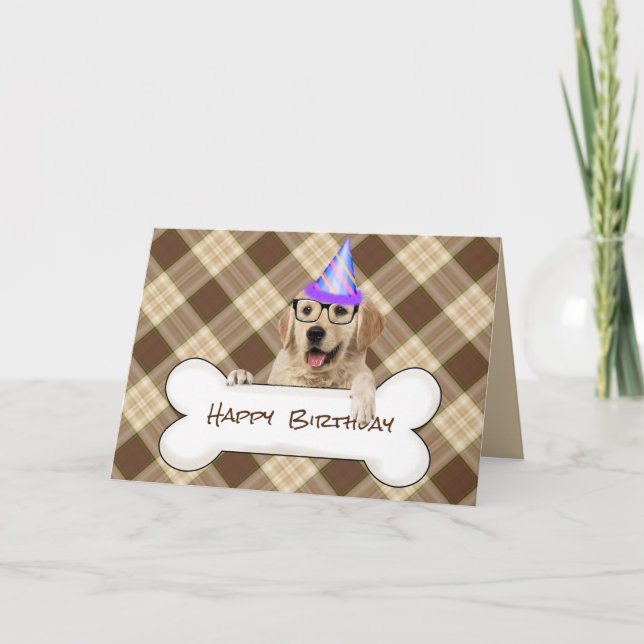 birthday golden retriever with party hat on plaid card (Front)