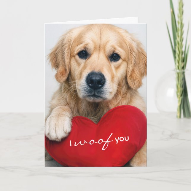 Birthday Golden Retriever With Red Heart Pillow Card (Front)
