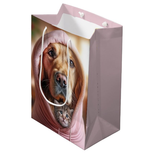 Birthday Golden Retriever With Tabby Kitten Medium Gift Bag (Front Angled)